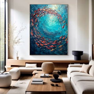 Large Abstract Underwater Fish Vortex Textured Canvas Art Colorful Ocean Painting for Home & Office Decor