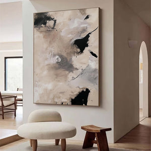 Large Abstract Painting – Modern Beige and Black Canvas Art Hand Painted for Living Room Decor