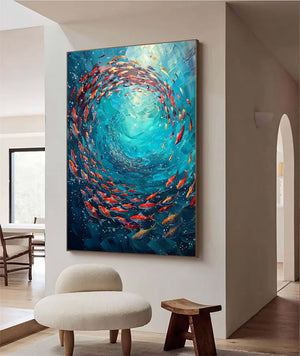 Large Abstract Underwater Fish Vortex Textured Canvas Art Colorful Ocean Painting for Home & Office Decor