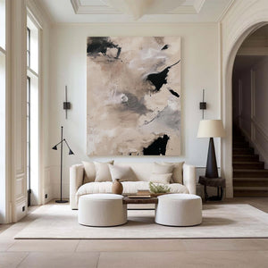 Large Abstract Painting – Modern Beige and Black Canvas Art Hand Painted for Living Room Decor