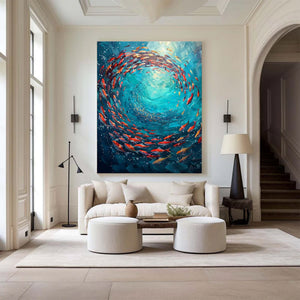 Large Abstract Underwater Fish Vortex Textured Canvas Art Colorful Ocean Painting for Home & Office Decor