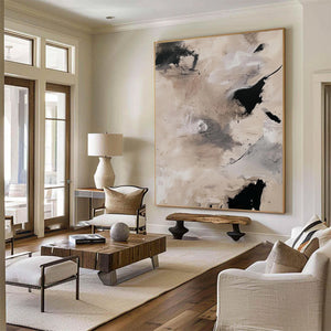Large Abstract Painting – Modern Beige and Black Canvas Art Hand Painted for Living Room Decor