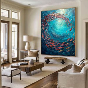 Large Abstract Underwater Fish Vortex Textured Canvas Art Colorful Ocean Painting for Home & Office Decor
