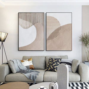 Set of 2 Modern Textured Macrame & Sand Canvas Art Neutral Geometric Wall Decor for Home & Office