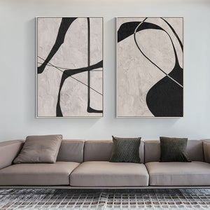 Set of 2 Large Black & Beige Abstract Geometric Canvas Wall Art Modern Minimalist Textured Painting for Living Room Decor