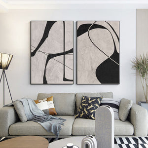 Set of 2 Large Black & Beige Abstract Geometric Canvas Wall Art Modern Minimalist Textured Painting for Living Room Decor