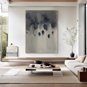 Large Abstract Painting – Modern Charcoal and Silver Grey Canvas Art Hand Painted for Living Room Decor