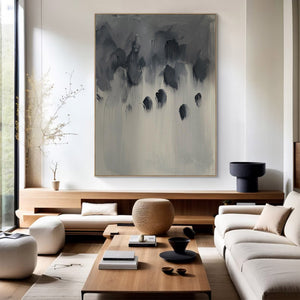 Large Abstract Painting – Modern Charcoal and Silver Grey Canvas Art Hand Painted for Living Room Decor