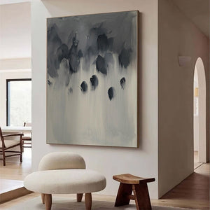 Large Abstract Painting – Modern Charcoal and Silver Grey Canvas Art Hand Painted for Living Room Decor