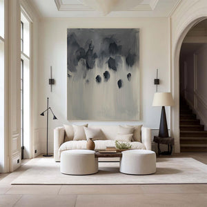 Large Abstract Painting – Modern Charcoal and Silver Grey Canvas Art Hand Painted for Living Room Decor