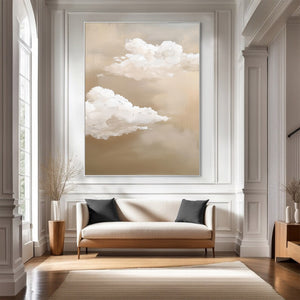 Large Abstract Cloud Painting – Modern Hand Painted Beige and White Sky Art for Bedroom Decor