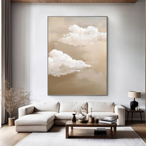 Large Abstract Cloud Painting – Modern Hand Painted Beige and White Sky Art for Bedroom Decor