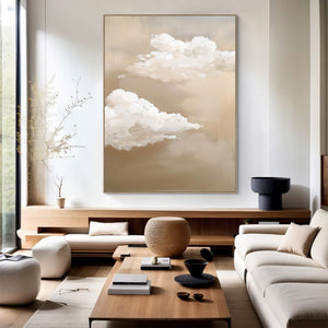 Large Abstract Cloud Painting – Modern Hand Painted Beige and White Sky Art for Bedroom Decor