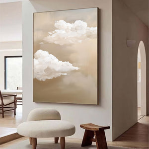 Large Abstract Cloud Painting – Modern Hand Painted Beige and White Sky Art for Bedroom Decor
