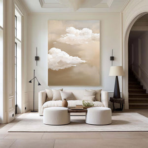 Large Abstract Cloud Painting – Modern Hand Painted Beige and White Sky Art for Bedroom Decor