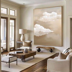 Large Abstract Cloud Painting – Modern Hand Painted Beige and White Sky Art for Bedroom Decor