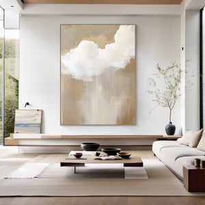 Large Abstract Cloud Painting – Modern Hand Painted Cream and Tan Sky Art for Bedroom Decor