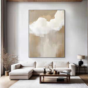 Large Abstract Cloud Painting – Modern Hand Painted Cream and Tan Sky Art for Bedroom Decor