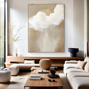 Large Abstract Cloud Painting – Modern Hand Painted Cream and Tan Sky Art for Bedroom Decor