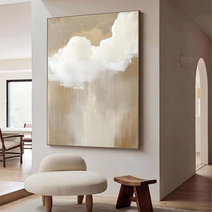 Large Abstract Cloud Painting – Modern Hand Painted Cream and Tan Sky Art for Bedroom Decor