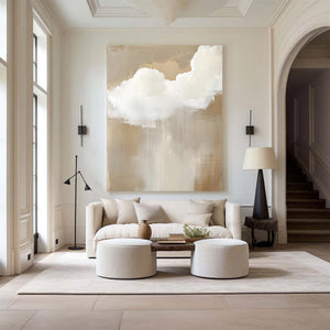 Large Abstract Cloud Painting – Modern Hand Painted Cream and Tan Sky Art for Bedroom Decor