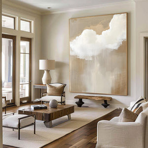 Large Abstract Cloud Painting – Modern Hand Painted Cream and Tan Sky Art for Bedroom Decor