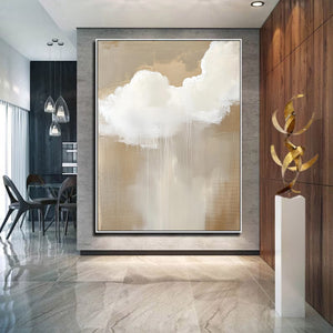 Large Abstract Cloud Painting – Modern Hand Painted Cream and Tan Sky Art for Bedroom Decor