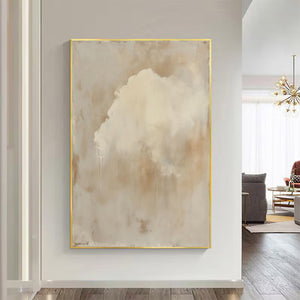 Large Beige Abstract Sky Painting – Modern Hand Painted Minimalist Clouds Art for Stylish Home Office