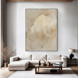 Large Beige Abstract Sky Painting – Modern Hand Painted Minimalist Clouds Art for Stylish Home Office