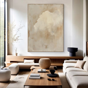 Large Beige Abstract Sky Painting – Modern Hand Painted Minimalist Clouds Art for Stylish Home Office