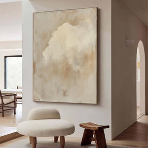 Large Beige Abstract Sky Painting – Modern Hand Painted Minimalist Clouds Art for Stylish Home Office