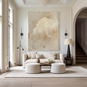 Large Beige Abstract Sky Painting – Modern Hand Painted Minimalist Clouds Art for Stylish Home Office