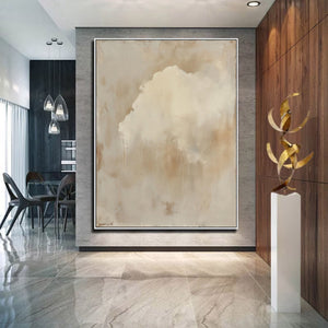 Large Beige Abstract Sky Painting – Modern Hand Painted Minimalist Clouds Art for Stylish Home Office