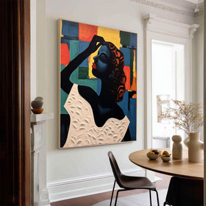 Large Hand Painted Abstract Woman Oil Painting – Colorful Female Portrait for Modern Wall Decor