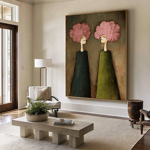 Large Expressive Floral Figure Oil Painting on Canvas Textured Wall Art for Modern Living Room Decor