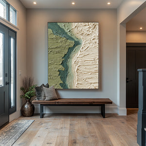 Large Abstract River Landscape Oil Painting Green Textured Terrain Canvas Wall Art for Living Room Decor