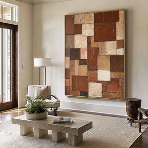 Large Contemporary Patchwork Abstract Canvas Wall Art Terracotta Earth Tone Painting for Home Decor