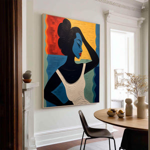 Large Geometric Oil Painting - Abstract Portrait Art on Canvas Hand Painted for Contemporary Interior