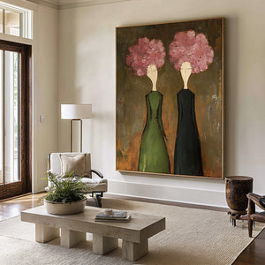 Large Modern Floral Portrait Oil Painting on Canvas Textured Wall Art for Living Room Decor
