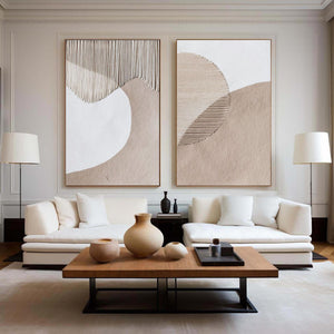 Set of 2 Modern Textured Macrame & Sand Canvas Art Neutral Geometric Wall Decor for Home & Office