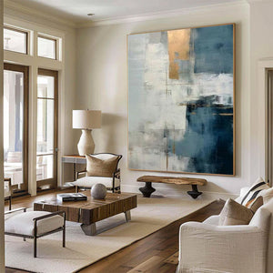 Large Minimalist Deep Blue and Gold Leaf Textured Art #VRA 120