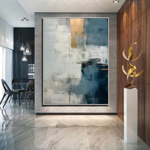 Large Minimalist Deep Blue and Gold Leaf Textured Art #VRA 120