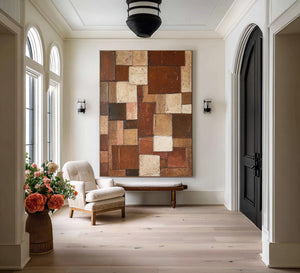 Large Contemporary Patchwork Abstract Canvas Wall Art Terracotta Earth Tone Painting for Home Decor