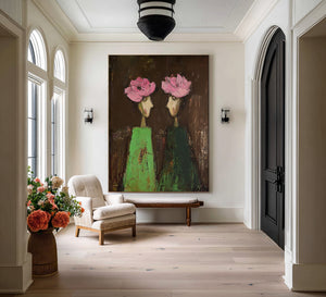 Large Luxury Floral Portrait Oil Painting Hand Painted Canvas Wall Art for Upscale Home Decor
