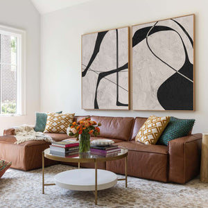 Set of 2 Large Black & Beige Abstract Geometric Canvas Wall Art Modern Minimalist Textured Painting for Living Room Decor