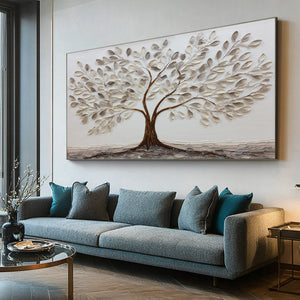 Large Modern Botanical Tree Canvas Wall Art Neutral Nature Painting for Contemporary Home Decor