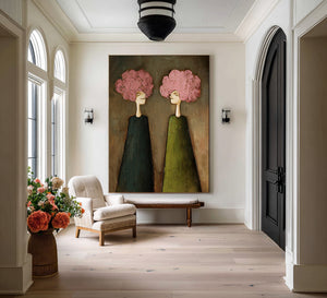 Large Expressive Floral Figure Oil Painting on Canvas Textured Wall Art for Modern Living Room Decor