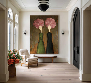 Large Modern Floral Portrait Oil Painting on Canvas Textured Wall Art for Living Room Decor