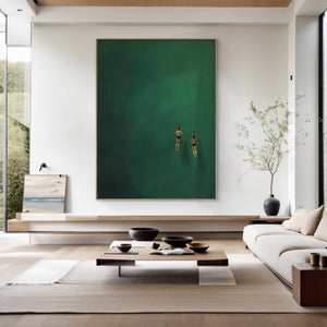 Large Minimalist Swimming Art – Dark Green Abstract Water Oil Painting Hand Painted for Modern Home Decor
