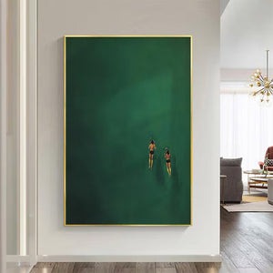 Large Minimalist Swimming Art – Dark Green Abstract Water Oil Painting Hand Painted for Modern Home Decor